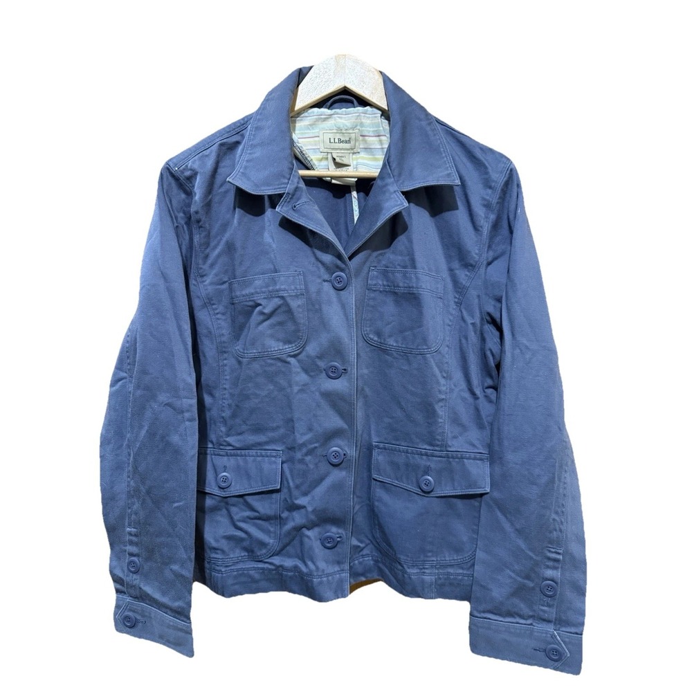 LL Bean Women's Blue Field Utility Jacket Medium Button Up Cotton XL Reg EUC